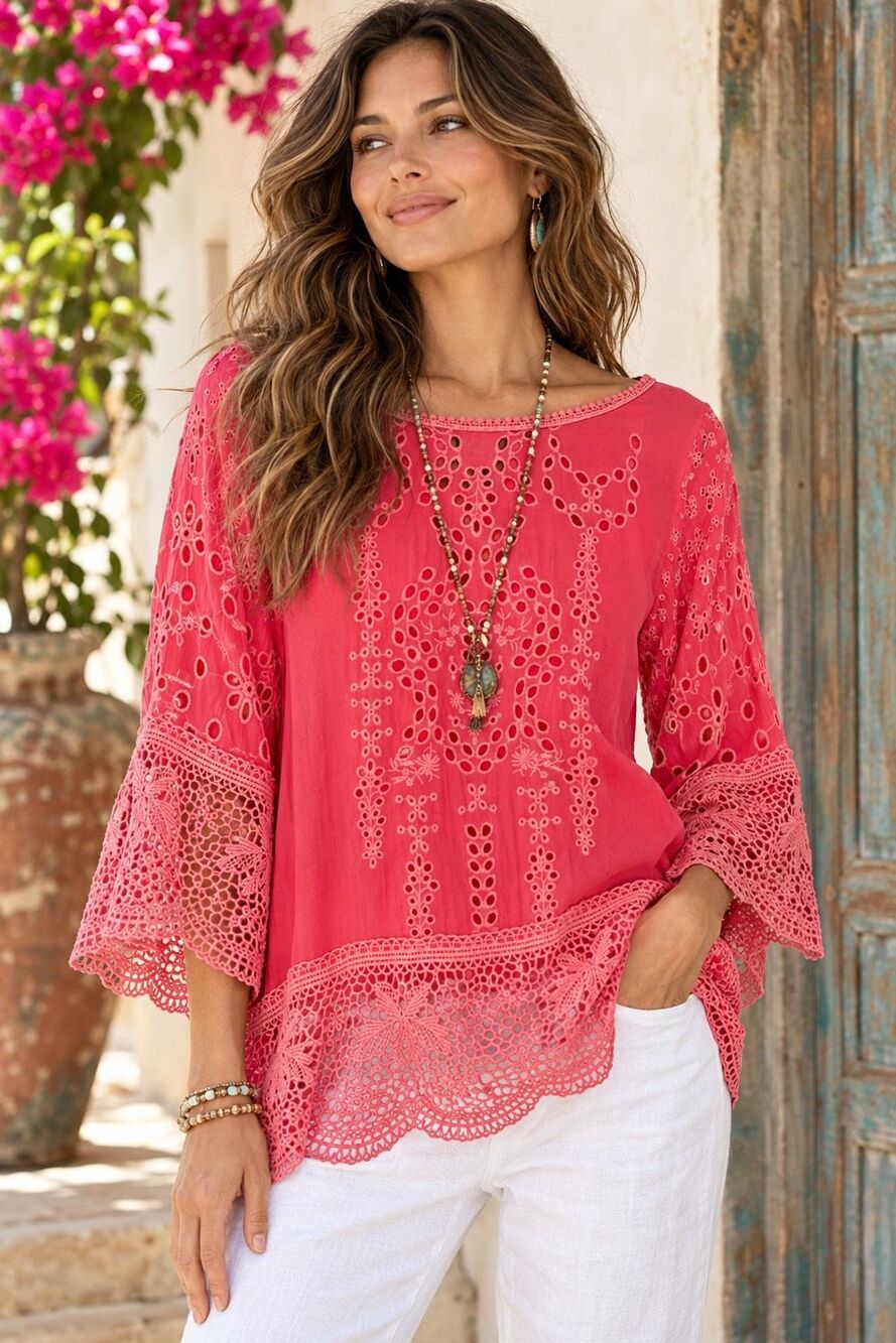 Johnny Was Coral Pink Cupra Eyelet Embroidered Crochet Bell Sleeve Top M